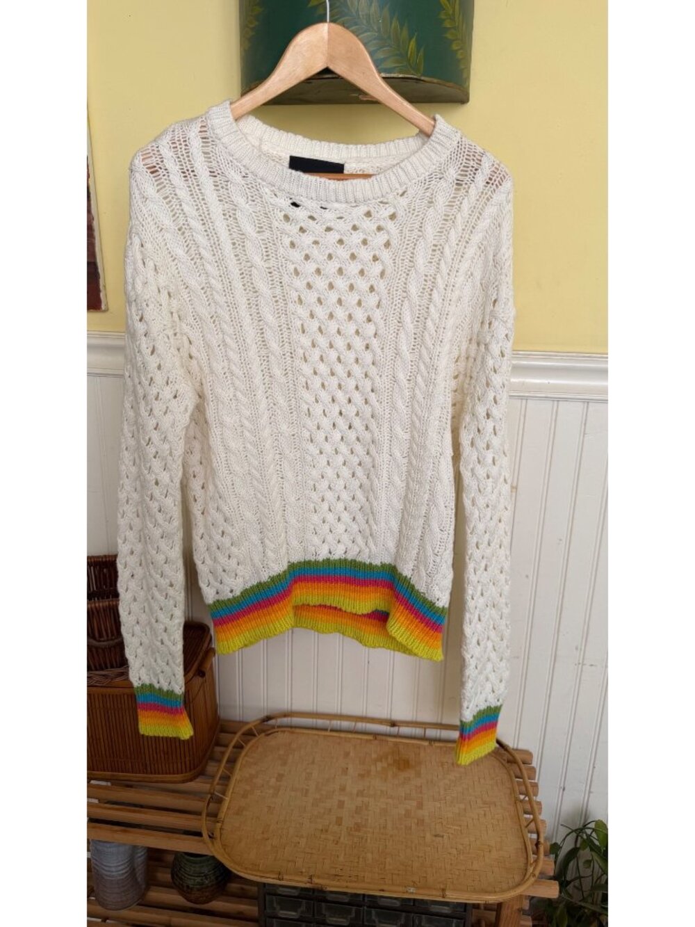 Le Superbe White Cable Knit Sweater With Rainbow Trim Cotton & Cashmere Size M